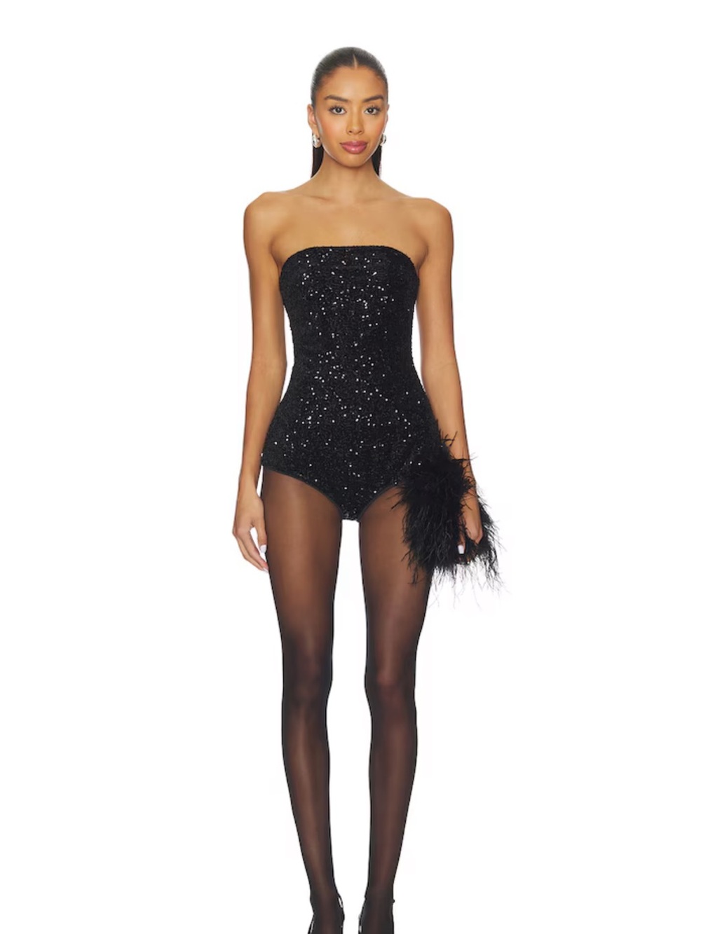 REVOLVE Black Sequin Strapless Feather-Trim Bodysuit